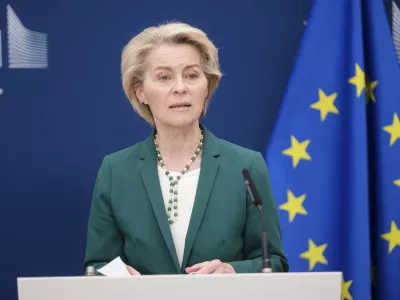 Belgija, Bruselj.Novinarska konferenca predsednika norveske vlade Jonasa Gahra Storeja in predsednice Evropske komisije Ursule von der Leyen po srecanju v Bruslju.Predsednica Evropske komisije Ursula von der Leyen.