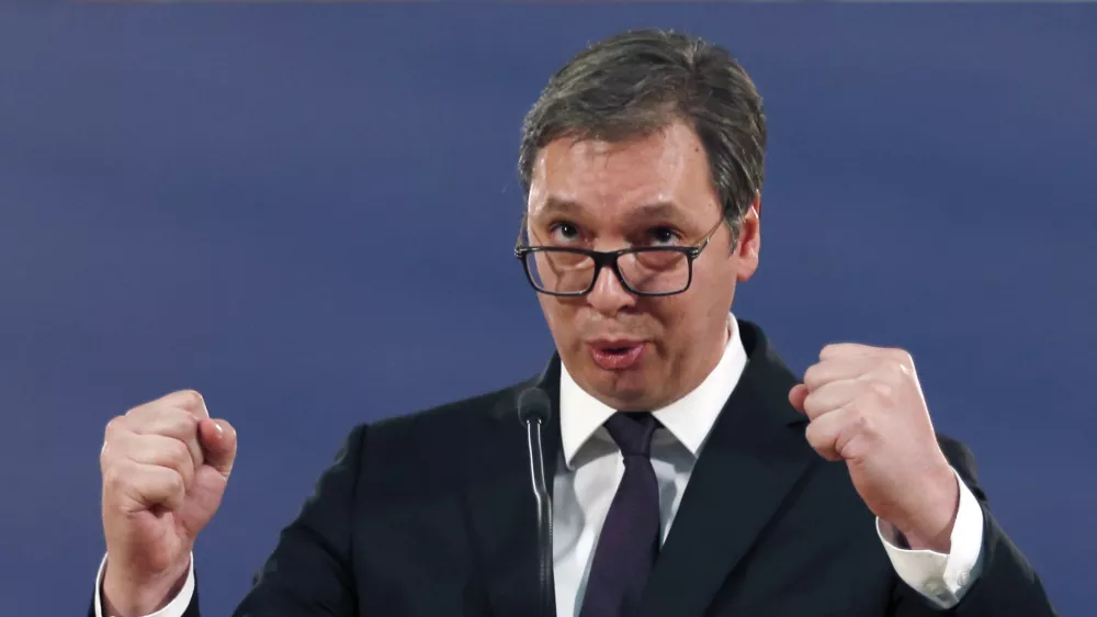 ﻿Serbia's President Aleksandar Vucic speaks during a press conference in Belgrade, Serbia, Sunday, March 17, 2019. Vucic has pledged to defend the country's law and order a day after opposition supporters stormed the national TV station protesting what they say is his autocratic rule. (AP Photo/Darko Vojinovic)