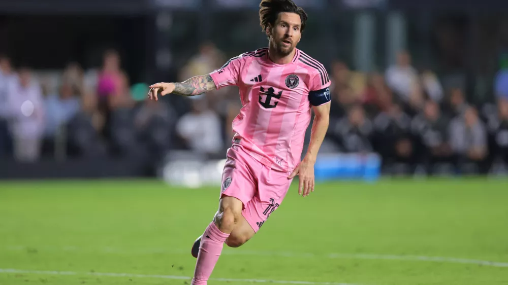 Apr 9, 2025; Ft. Lauderdale, Florida, USA; Inter Miami CF forward Lionel Messi (10) celebrates after scoring against the Los Angeles FC during the first half at Chase Stadium. Mandatory Credit: Sam Navarro-Imagn Images