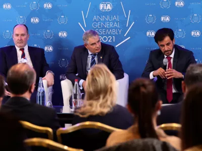 FILE PHOTO: Formula One F1 - New FIA President Press Conference - Paris, France - December 17, 2021 New FIA president Mohammed Ben Sulayem, President of the Senate, Carmelo Sanz de Barros and Deputy President for Sport, Robert Reid during the press conference REUTERS/Sarah Meyssonnier/File Photo