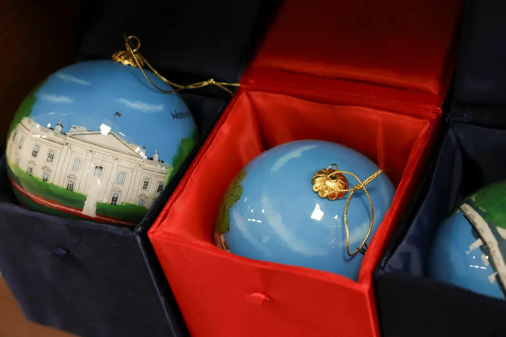 Christmas ornaments made in China are displayed for sale at a souvenir shop near the White House in Washington, D.C., U.S., April 9, 2025. REUTERS/Jonathan Ernst