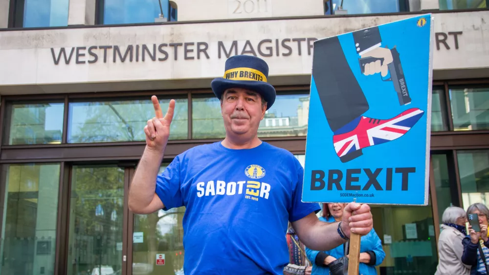 April 14, 2025, London, England, United Kingdom: Anti-Brexit protester STEVE BRAY isseenoutside Westminster Magistrates' Court in London, after being cleared of flouting a police ban on playing anti-Conservative and anti-Brexit music through speakers outside Parliament in March last year. (Credit Image: © Tayfun Salci/ZUMA Press Wire)