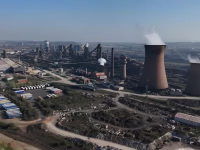 This screen grab from PA video shows a view of the British Steel plant in Scunthorpe, Lincolnshire, Saturday April 12, 2025. (Jamie Lashmar/PA via AP)