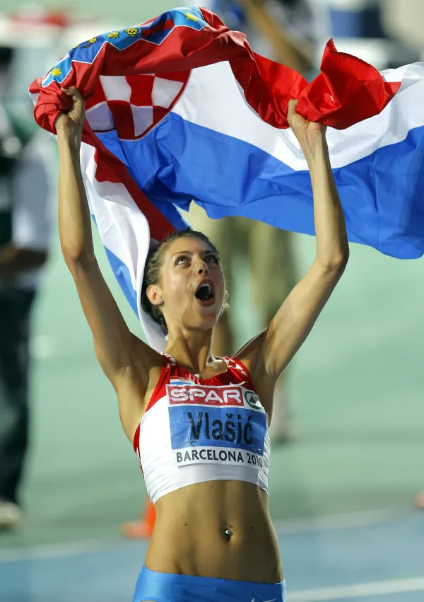 Gold medal's winner Croatia's Blanka Vlasic celebrates after a Women's High Jump final during the European Athletics Championships, in Barcelona, Spain, Sunday, Aug. 1, 2010. (AP Photo/Victor Caivano)