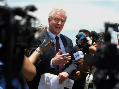 U.S. Senator Chris Van Hollen (D-MD) speaks to the media during a visit to El Salvador to advocate for the release of Kilmar Abrego Garcia, a Salvadoran man deported without due process by the administration of U.S. President Donald Trump as an alleged MS-13 gang member and sent to the Terrorism Confinement Center (CECOT), in San Salvador, El Salvador, April 16, 2025. REUTERS/Jose Cabezas