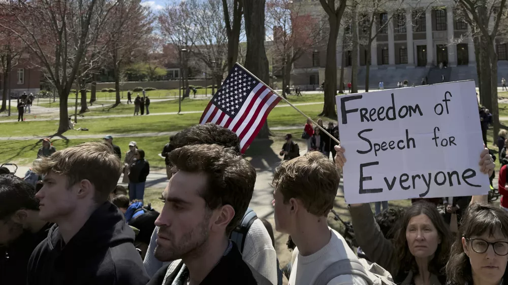 Students, faculty and members of the Harvard University community rally, Thursday, April 17, 2025, in Cambridge, Mass. (AP Photo)