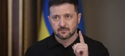 Ukrainian President Volodymyr Zelenskyy speaks during a briefing in Kyiv, Ukraine, Thursday, April 17, 2025. (AP Photo/Efrem Lukatsky)