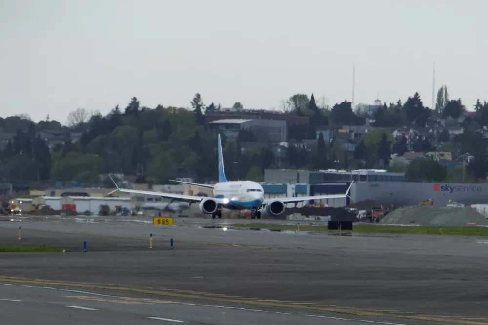 A Boeing 737 MAX plane, intended for China's Xiamen Airlines, arrives at King County International Airport after returning from China due to ongoing tariff disputes, in Seattle, Washington, U.S. April 19, 2025. REUTERS/Dan Catchpole