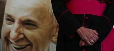 An image of Pope Francis is seen during a Mass in his memory at the Caracas Cathedral, following the death of the pontiff, in Caracas, Venezuela April 21, 2025. REUTERS/Maxwell Briceno