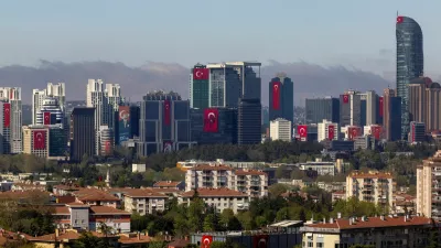 Turkey's national flags are displayed on buildings a head of the National Sovereignty and Child's Day in the financial district of Istanbul, Turkey, April 22, 2025. REUTERS/Umit Bektas