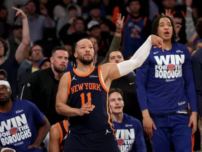 Apr 21, 2025; New York, New York, USA; New York Knicks guard Jalen Brunson (11) watched his three point shot against the Detroit Pistons during the second quarter of game two of the first round of the 2024 NBA Playoffs at Madison Square Garden. Mandatory Credit: Brad Penner-Imagn Images