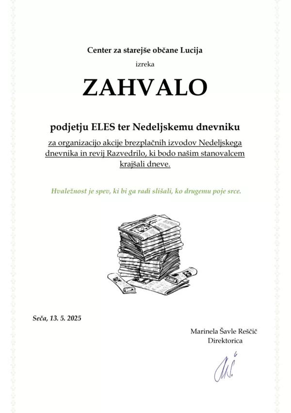 zahvala, Nedeljski, dom starejših / Foto: Nd