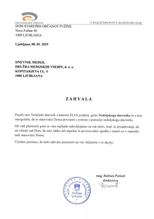 zahvala, Nedeljski, dom starejših / Foto: Nd