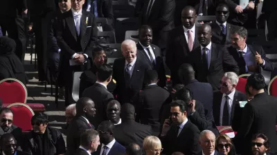 Former President Joe Biden, arrives for the funeral of Pope Francis in St. Peter's Square at the Vatican, Saturday, April 26, 2025. (AP Photo/Evan Vucci)