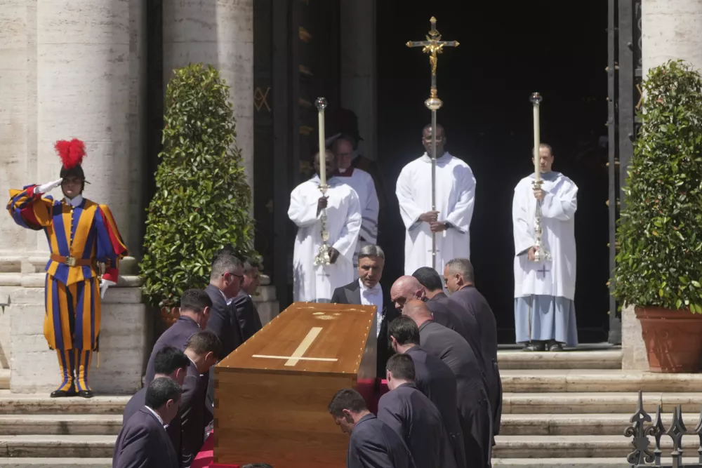 The coffin of Pope Francis arrives at St. Mary Major Basilica in Rome Saturday, April 26, 2025. (AP Photo/Francisco Seco)