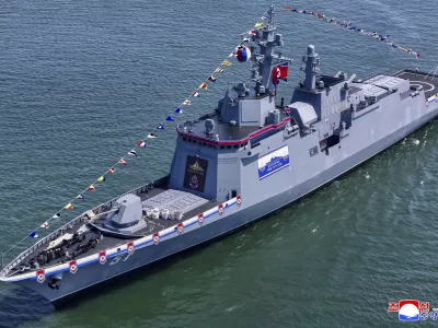 This photo provided by the North Korean government shows a new naval destroyer unveiled at a western port in Nampo, North Korea, Friday, April 25, 2025. Independent journalists were not given access to cover the event depicted in this image distributed by the North Korean government. The content of this image is as provided and cannot be independently verified. Korean language watermark on image as provided by source reads: "KCNA" which is the abbreviation for Korean Central News Agency. (Korean Central News Agency/Korea News Service via AP)