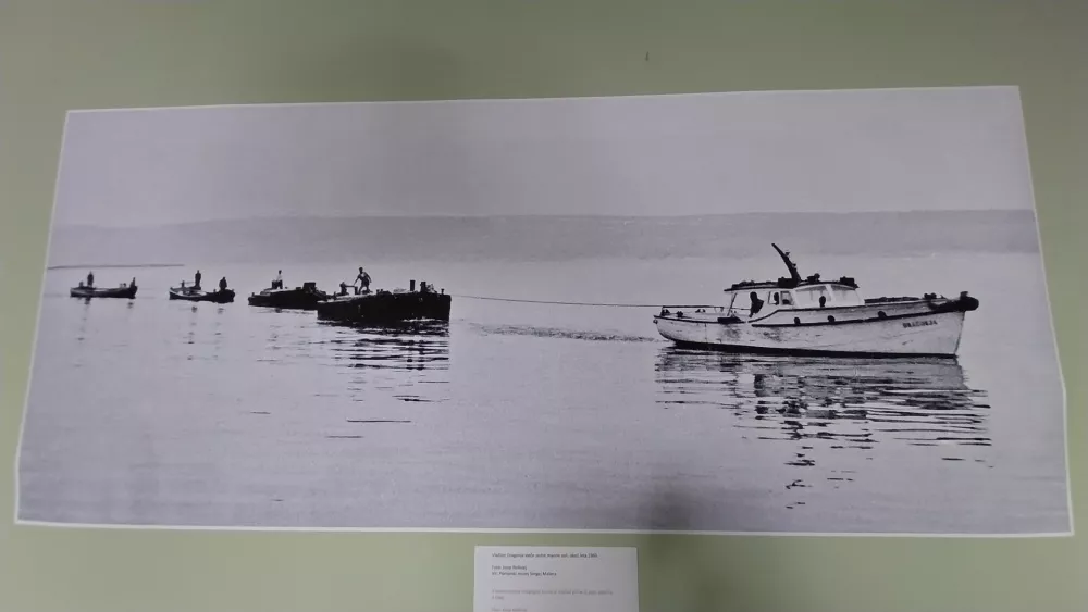 Fotografija vlačilca Dragonja, na katerega so navezali več maon in jih kot račke vlekli iz solin do skladišča. Foto: arhiv razstavljalca