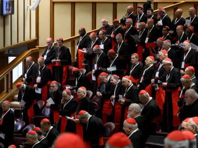 Cardinals participate in a general congregation meeting at the Vatican, April 28, 2025. Mario Tomassetti/Vatican Media/­Handout via REUTERS ATTENTION EDITORS - THIS IMAGE WAS PROVIDED BY A THIRD PARTY. REFILE - REMOVING "ITALY".