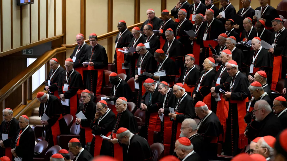 Cardinals participate in a general congregation meeting at the Vatican, April 28, 2025. Mario Tomassetti/Vatican Media/­Handout via REUTERS ATTENTION EDITORS - THIS IMAGE WAS PROVIDED BY A THIRD PARTY. REFILE - REMOVING "ITALY".