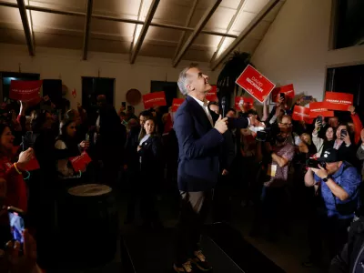 Canada's Prime Minister Mark Carney reacts during a meet and greet event at Sea Cider Farm & Ciderhouse in Saanichton, British Columbia, Canada April 28, 2025. REUTERS/Carlos Osorio