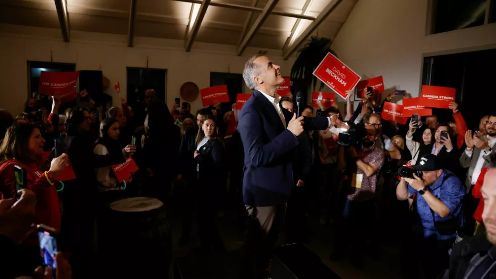 Canada's Prime Minister Mark Carney reacts during a meet and greet event at Sea Cider Farm & Ciderhouse in Saanichton, British Columbia, Canada April 28, 2025. REUTERS/Carlos Osorio