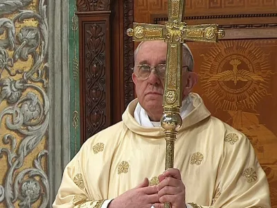 ﻿Newly elected Pope Francis I, Cardinal Jorge Mario Bergoglio of Argentina, leads a a mass with cardinals at the Sistine Chapel, in a still image taken from video at the Vatican March 14, 2013. Argentine Cardinal Jorge Bergoglio surprised the world on Wednesday when he ended a run of nearly 1,300 years of European popes and greeted St. Peter's Square for the first time as Pope Francis.  REUTERS/Vatican CTV via Reuters Tv (VATICAN - Tags: RELIGION) FOR EDITORIAL USE ONLY. NOT FOR SALE FOR MARKETING OR ADVERTISING CAMPAIGNS.