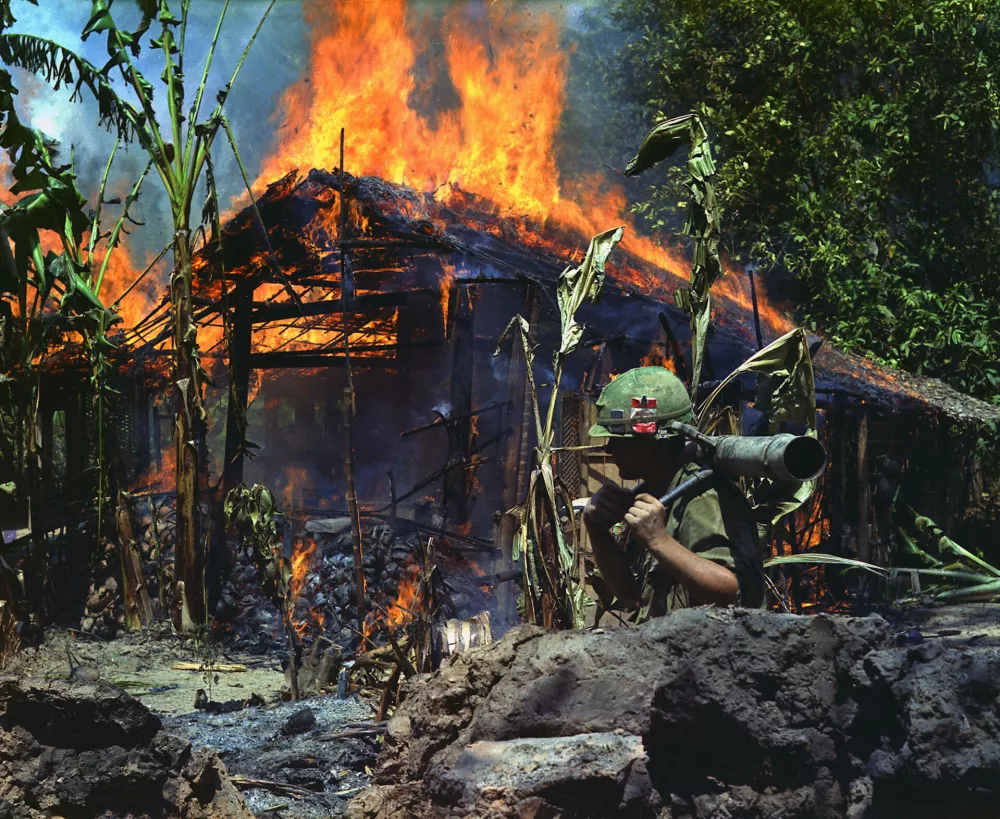 RECORD DATE NOT STATED Vietnam: US troops torch a village near My Tho in the Mekong Delta in a bid to deny local support to National Liberation Front Viet Cong guerrillas, c.1967 The Second Indochina War, known in America as the Vietnam War, was a Cold War era military conflict that occurred in Vietnam, Laos, and Cambodia from 1 November 1955 to the fall of Saigon on 30 April 1975. This war followed the First Indochina War and was fought between North Vietnam, supported by its communist allies, and the government of South Vietnam, supported by the U.S. and other anti-communist nations. The U.S. government viewed involvement in the war as a way to prevent a communist takeover of South Vietnam and part of their wider strategy of containment.br/br/ The Nort Copyright: xxPicturesxFromxHistoryxNo Use Switzerland. No Use Germany. No Use Japan. No Use Austria