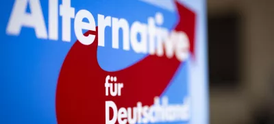 FILED - 24 February 2024, North Rhine-Westphalia, Marl: A view of a stand with the words "Alternative for Germany" and the AfD logo. Photo: Christoph Reichwein/dpa