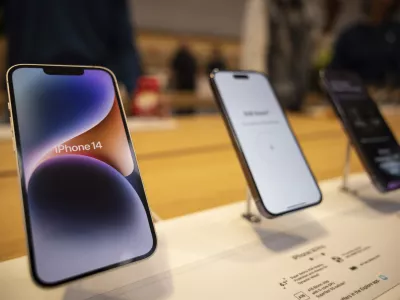 FILE - The iPhone 14, iPhone 14 Pro and iPhone 14 Pro Max are displayed at the Apple Fifth Avenue store, Friday, Sept. 16, 2022, in New York. (AP Photo/Yuki Iwamura, File)