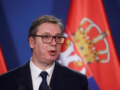 FILE PHOTO: Serbian President Aleksandar Vucic gives a statement next to Hungarian Prime Minister Viktor Orban (not pictured) after the countries' bilateral committee for strategic cooperation meeting in Budapest, Hungary, November 14, 2024. REUTERS/Bernadett Szabo/File Photo