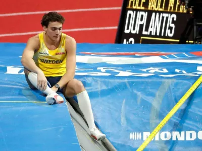 2J1Y3B2 Belgrade, Serbia, 20th March 2022. Armand Duplantis of Sweden reacts during the World Athletics Indoor Championships Belgrade 2022 - Press Conference in Belgrade, Serbia. March 20, 2022. Credit: Nikola Krstic/Alamy