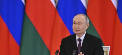 Russian President Vladimir Putin attends a signing ceremony with Oman's Sultan Haitham bin Tariq Al Said, following their talks at the Grand Kremlin Palace in Moscow, on Tuesday, April 22, 2025. (Kristina Kormilitsyna, Sputnik, Kremlin Pool Photo via AP)