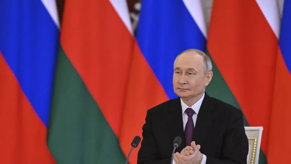 Russian President Vladimir Putin attends a signing ceremony with Oman's Sultan Haitham bin Tariq Al Said, following their talks at the Grand Kremlin Palace in Moscow, on Tuesday, April 22, 2025. (Kristina Kormilitsyna, Sputnik, Kremlin Pool Photo via AP)