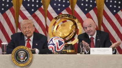 President Donald Trump listens as FIFA President Gianni Infantino speaks during a FIFA task force meeting on the 2026 FIFA World Cup in the East Room of the White House, Tuesday, May 6, 2025, in Washington. (AP Photo/Mark Schiefelbein)