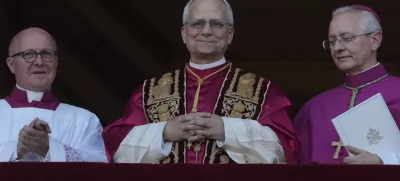 Newly elected Pope Leone XIV appears at the balcony of St. Peter's Basilica at the Vatican, Thursday, May 8, 2025. (AP Photo/Andrew Medichini)