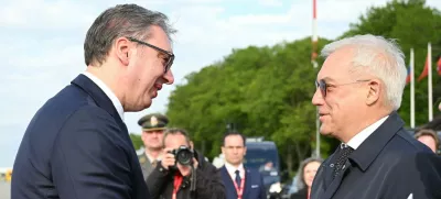 8918368 07.05.2025 President of Serbia Aleksandar Vucic arrives in Moscow to attend the celebrations to mark 80th anniversary of Russia's Victory in the Great Patriotic War of 1941-1945. Crediting the source in the following order "photographer's name"is mandatory when using the photo,Image: 996241531, License: Rights-managed, Restrictions: Editors' note: THIS IMAGE IS PROVIDED BY RUSSIAN STATE-OWNED AGENCY SPUTNIK., Model Release: noFoto: Profimedia