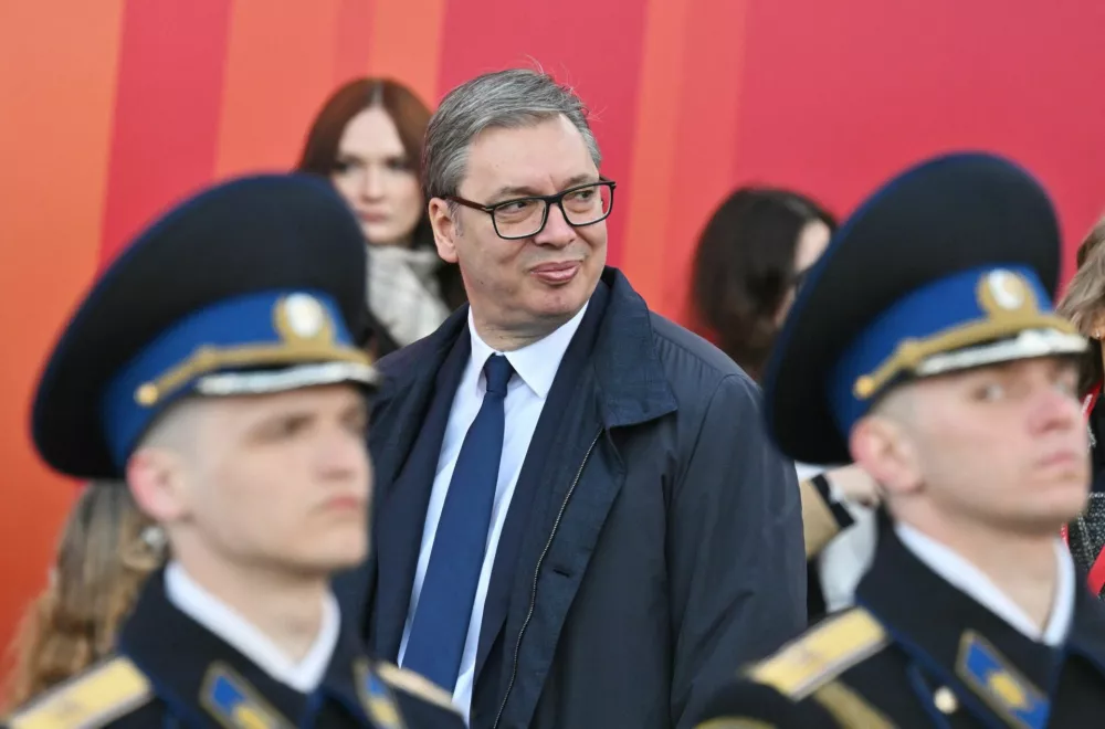 Serbian President Aleksandar Vucic attends a military parade on Victory Day, marking the 80th anniversary of the victory over Nazi Germany in World War Two, in Red Square in central Moscow, Russia, May 9, 2025. Ilya Pitalev/Host agency RIA Novosti/Handout via REUTERS ATTENTION EDITORS - THIS IMAGE WAS PROVIDED BY A THIRD PARTY.