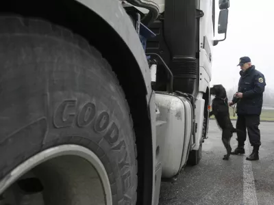 Policija - pregled vozil - pes izurjen za odkrivanje eksplozivnih sredstev, ljudi in mamil- Slovenija v schengenskem prostoru eno leto - ob prvi obletnici vstopa RS v schengenski prostor so policistke in policisti Specializirane enote za nadzor državne meje opravljali redne naloge.na počivališče Barje na ljubljanski obvoznici,. ///FOTO: Bojan VelikonjaOPOMBA: ZA OBJAVO V ČASOPISU DNEVNIK