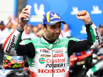 MotoGP - French Grand Prix - Bugatti Circuit, Le Mans, France - May 11, 2025 LCR Honda's Johann Zarco celebrates after winning the MotoGP race REUTERS/Stephane Mahe