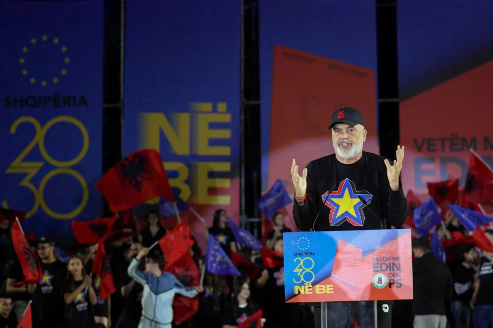 Leader of the Socialist party and Prime Minister of Albania, Edi Rama delivers a speech during the final rally before the parliamentary election, in Tirana, Albania, May 9, 2025. REUTERS/Florion Goga