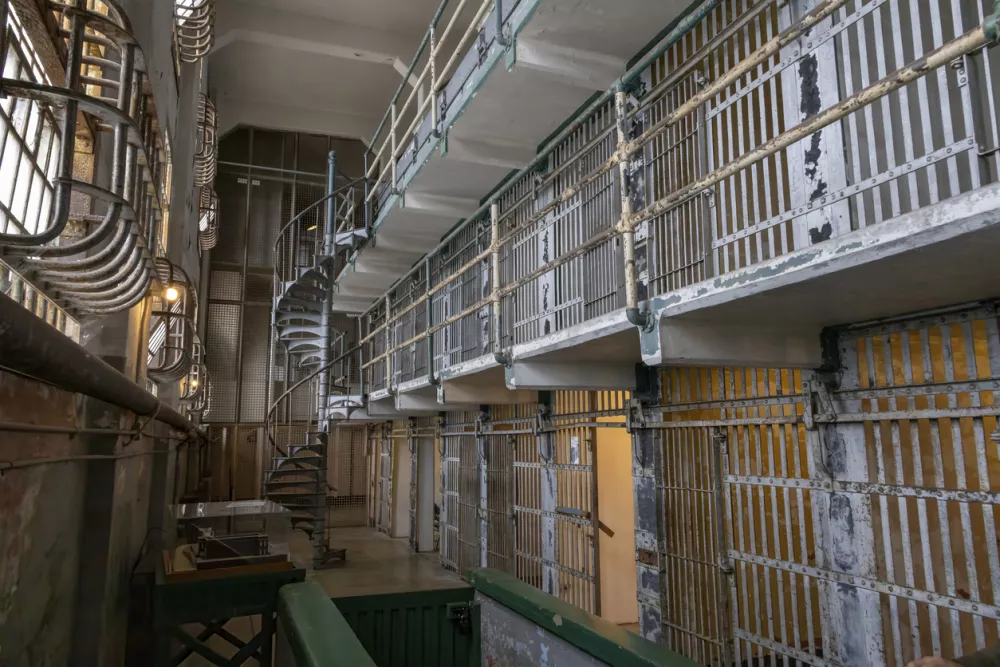 A historic cell block of Alcatraz, the infamous prison located on an island in San Francisco Bay.