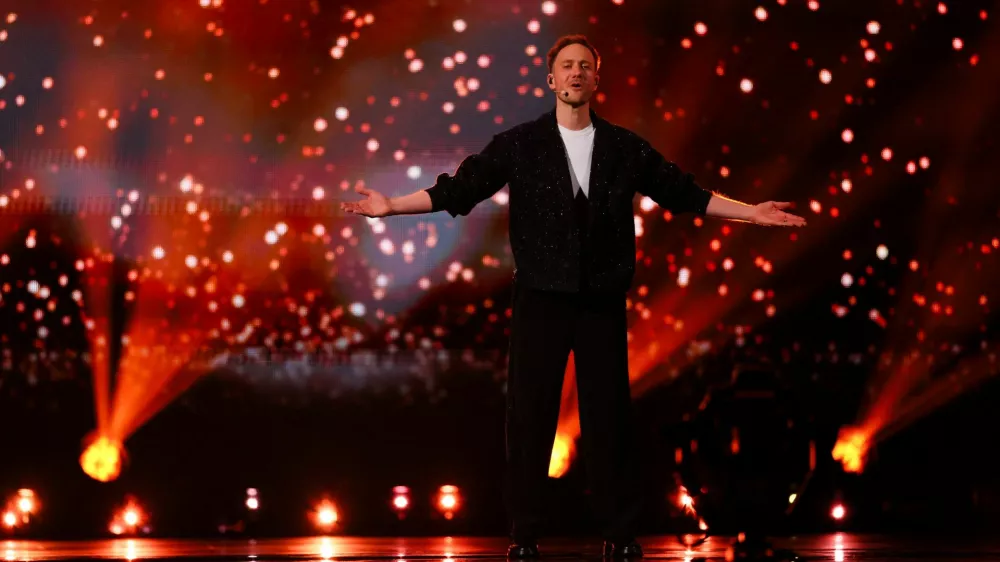 Klemen, representing Slovenia, performs "How Much Time Do We Have Left", during the first semi-final of the 2025 Eurovision Song Contest, in Basel, Switzerland, May 13, 2025. REUTERS/Denis Balibouse