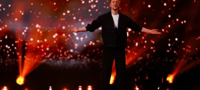 Klemen, representing Slovenia, performs "How Much Time Do We Have Left", during the first semi-final of the 2025 Eurovision Song Contest, in Basel, Switzerland, May 13, 2025. REUTERS/Denis Balibouse