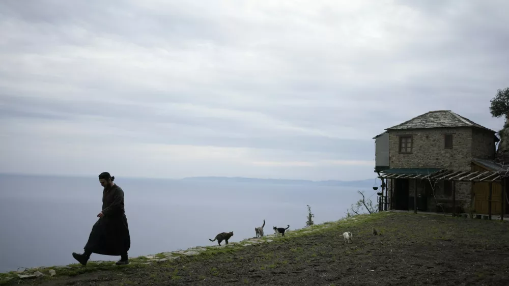 Father Paisios is followed by cats walks at the Simonopetra, or Simonos Petra Monastery, home of the all-male autonomous community of Agion Oros, or Holy Mountain, on the peninsula of Mount Athos in northern Greece, Monday, April 14, 2025. (AP Photo/Thanassis Stavrakis)