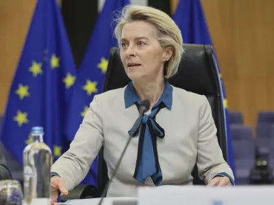 European Commission President Ursula von der Leyen speaks during a strategic dialogue with leaders of the European defense industry at EU headquarters in Brussels, Monday, May 12, 2025. (Olivier Hoslet, Pool Photo via AP)