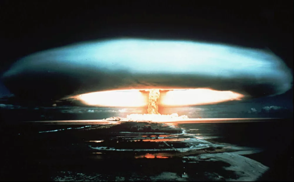 FILE -- A 1971 file photo of a nuclear bomb detonated at the Mururoa atoll, French POlynesia. President Jacques Chirac announced Tuesday June 13, 1995 that France would resume nuclear testing to verify the safety of existing weapons while advancing toward simulation technology. Eight nuclear tests are scheduled between September and May before France signs a treaty banning all tests. (AP Photo)