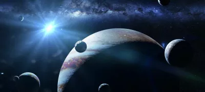 ﻿artist's interpretation of the stormy gas giant with the red dot