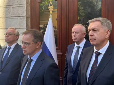 Russia's Deputy Foreign Minister Mikhail Galuzin, presidential adviser Vladimir Medinsky, Deputy Defence Minister Alexander Fomin and Chief of the Main Directorate of the General Staff of the Russian Armed Forces Igor Kostyukov, who are members of the delegation for peace talks with Ukraine, meet with journalists in Istanbul, Turkey, May 15, 2025. REUTERS/Vladimir Soldatkin