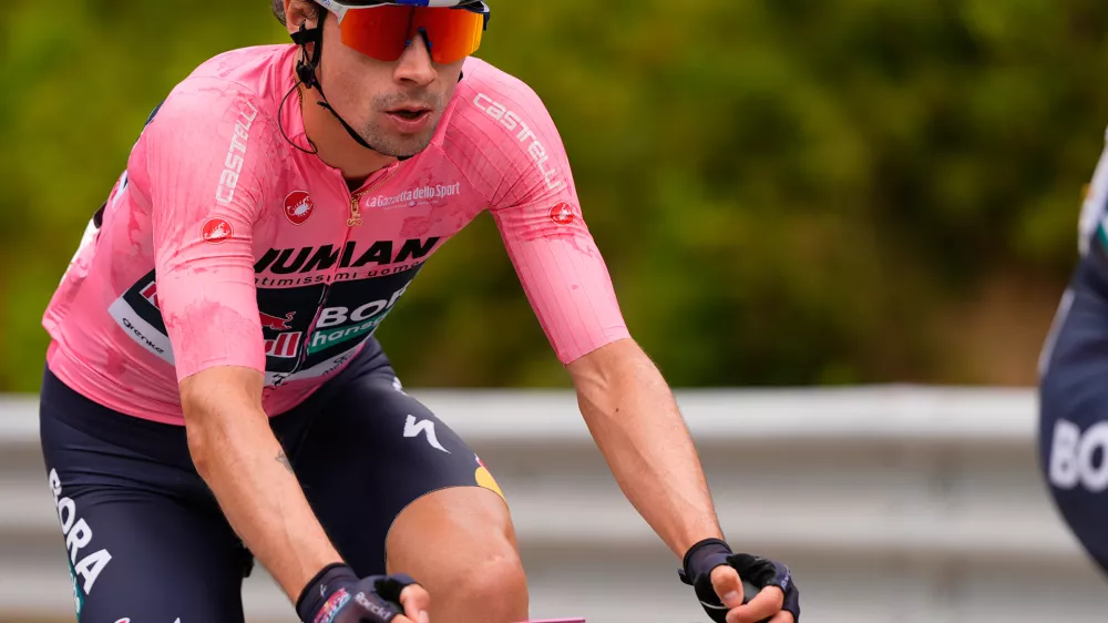 Slovenia's Primoz Roglic pedals during the third stage of the Giro d'Italia cycling race, from Vlore to Vlore, Albania, Sunday, May 11, 2025. (Fabio Ferrari/LaPresse via AP)