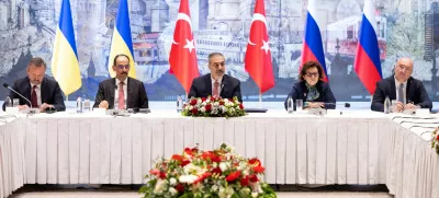 Turkish Foreign Minister Hakan Fidan chairs a meeting between Ukrainian and Russian negotiators in Istanbul, Turkey, May 16, 2025. Arda Kucukkaya/Turkish Foreign Ministry/Handout via REUTERS ATTENTION EDITORS - THIS PICTURE WAS PROVIDED BY A THIRD PARTY. NO RESALES. NO ARCHIVES.